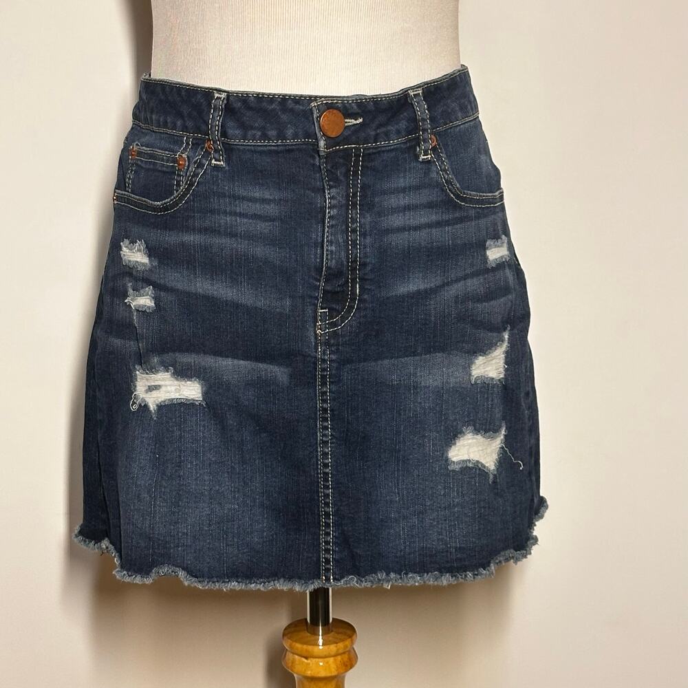 Juniors Mini Denim Jean Skirt, Distressed and Raw Hem, Size 15